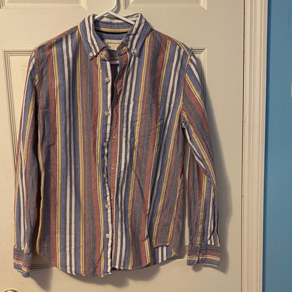 Aeropostale Men's Striped Shirt - Blue, Red, Yellow